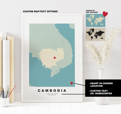 Cambodia Map Print - Personalised Map Gift - Framed or Canvas Options Available - Custom Text Options - Personalised Gift - Asia