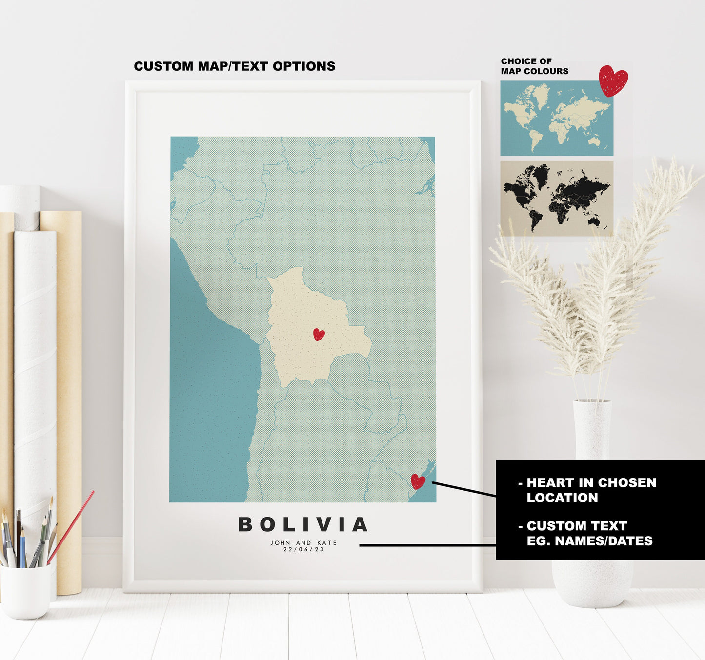 Bolivia Map Print - Personalised Map Gift - Framed or Canvas Options Available - Custom Text Options - Personalised Gift - South America