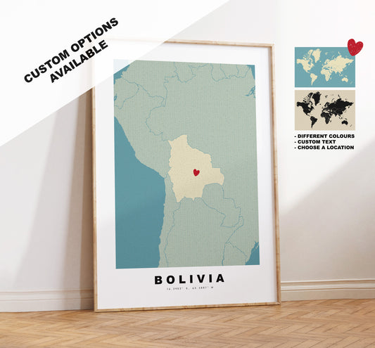 Bolivia Map Print - Personalised Map Gift - Framed or Canvas Options Available - Custom Text Options - Personalised Gift - South America