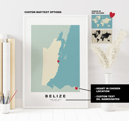 Belize Map Print - Personalised Map Gift - Framed or Canvas Options Available - Custom Text Options - Personalised Gift - South America