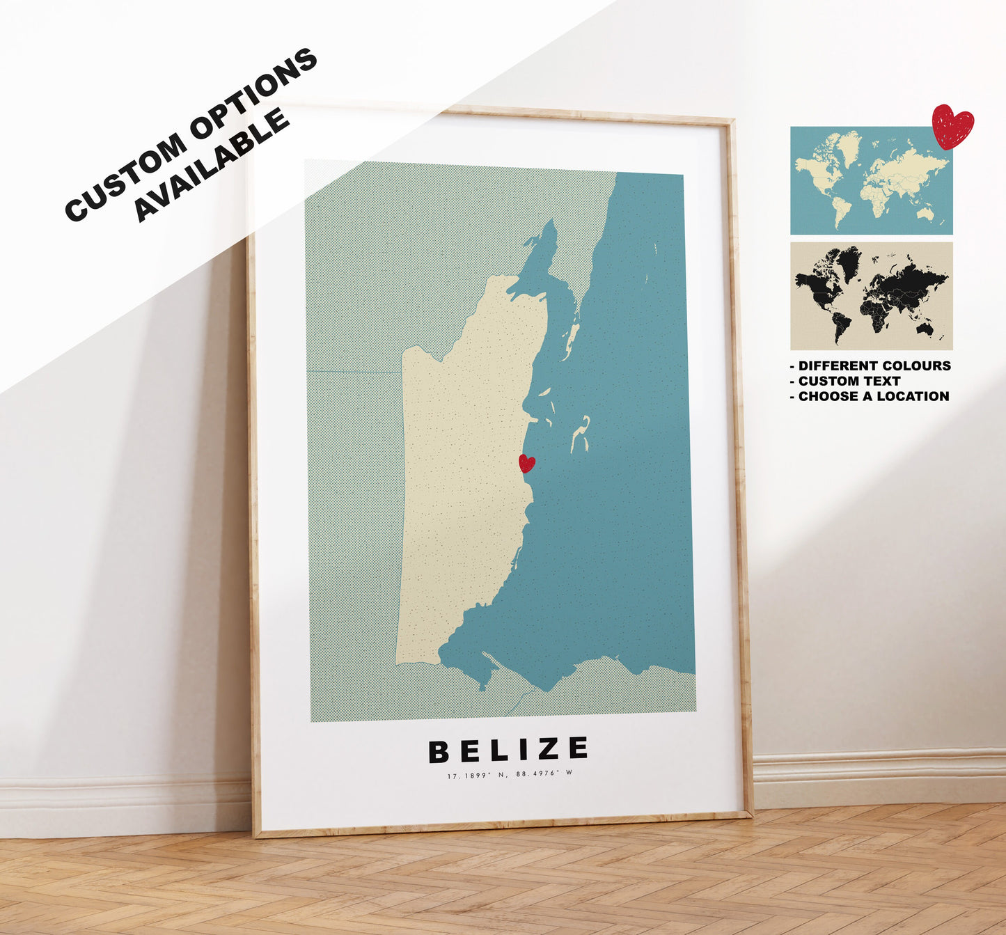 Belize Map Print - Personalised Map Gift - Framed or Canvas Options Available - Custom Text Options - Personalised Gift - South America