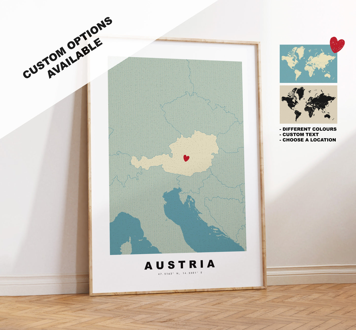 Austria Map Print - Personalised Map Gift - Framed or Canvas Options Available - Custom Text Options - Personalised Gift - Europe