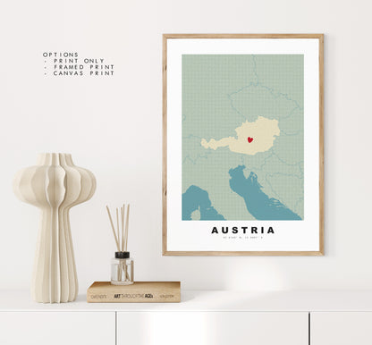 Austria Map Print - Personalised Map Gift - Framed or Canvas Options Available - Custom Text Options - Personalised Gift - Europe