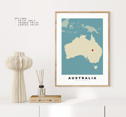 Australia Map Print - Personalised Map Gift - Framed or Canvas Options Available - Custom Text Options - Personalised Gift - Oceania