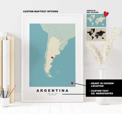 Argentina Map Print - Personalised Map Gift - Framed or Canvas Options Available - Custom Text Options - Personalised Gift - South America