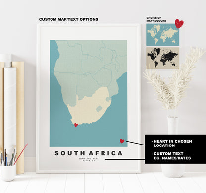 South Africa Map Print - Personalised Map Gift - Framed or Canvas Options Available - Custom Text Options - Personalised Gift - Africa