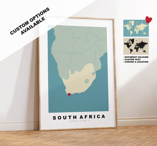 South Africa Map Print - Personalised Map Gift - Framed or Canvas Options Available - Custom Text Options - Personalised Gift - Africa