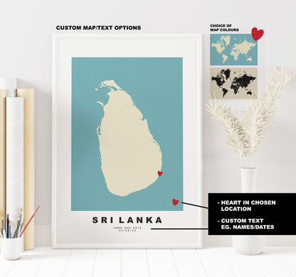 Sri Lanka Map Print - Personalised Map Gift - Framed or Canvas Options Available - Custom Text Options - Personalised Gift - Asia