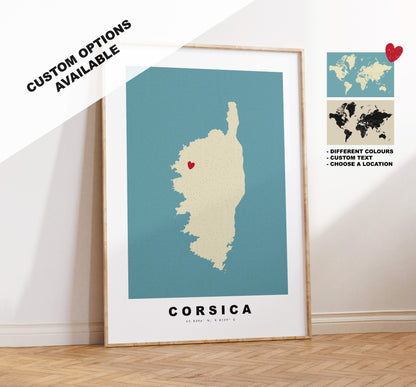 Corsica Map Print - Personalised Map Gift - Framed or Canvas Options Available - Custom Text Options - Personalised Gift - Europe