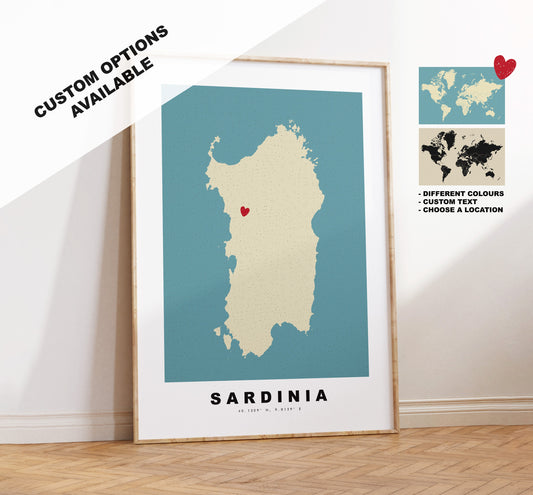 Sardinia Map Print - Personalised Map Gift - Framed or Canvas Options Available - Custom Text Options - Personalised Gift - Italy & Islands