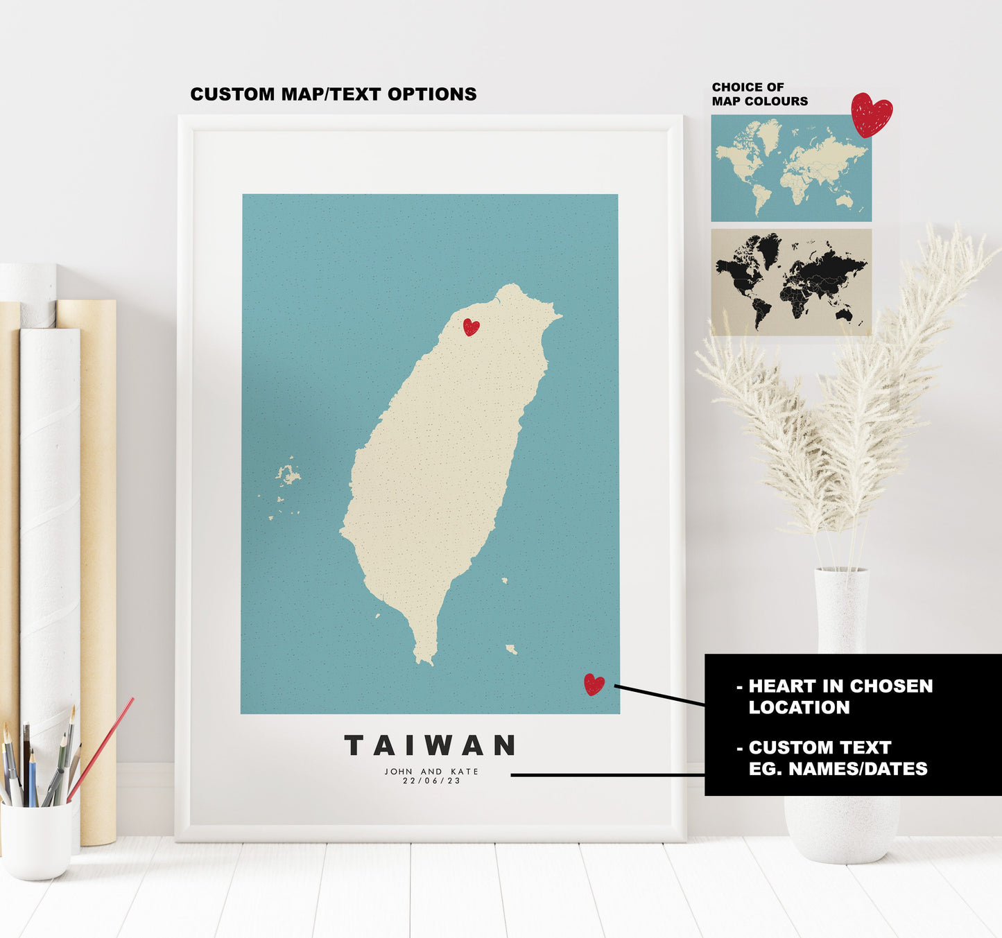 Taiwan Map Print - Personalised Map Gift - Framed or Canvas Options Available - Custom Text Options - Personalised Gift - Asia