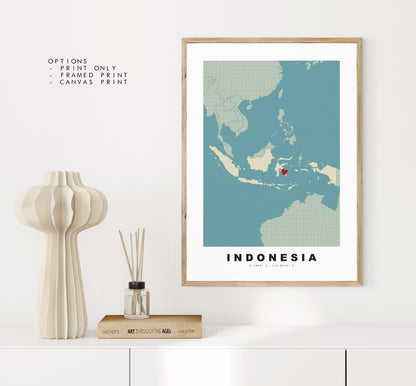 Indonesia Map Print - Personalised Map Gift - Framed or Canvas Options Available - Custom Text Options - Personalised Gift - Asia