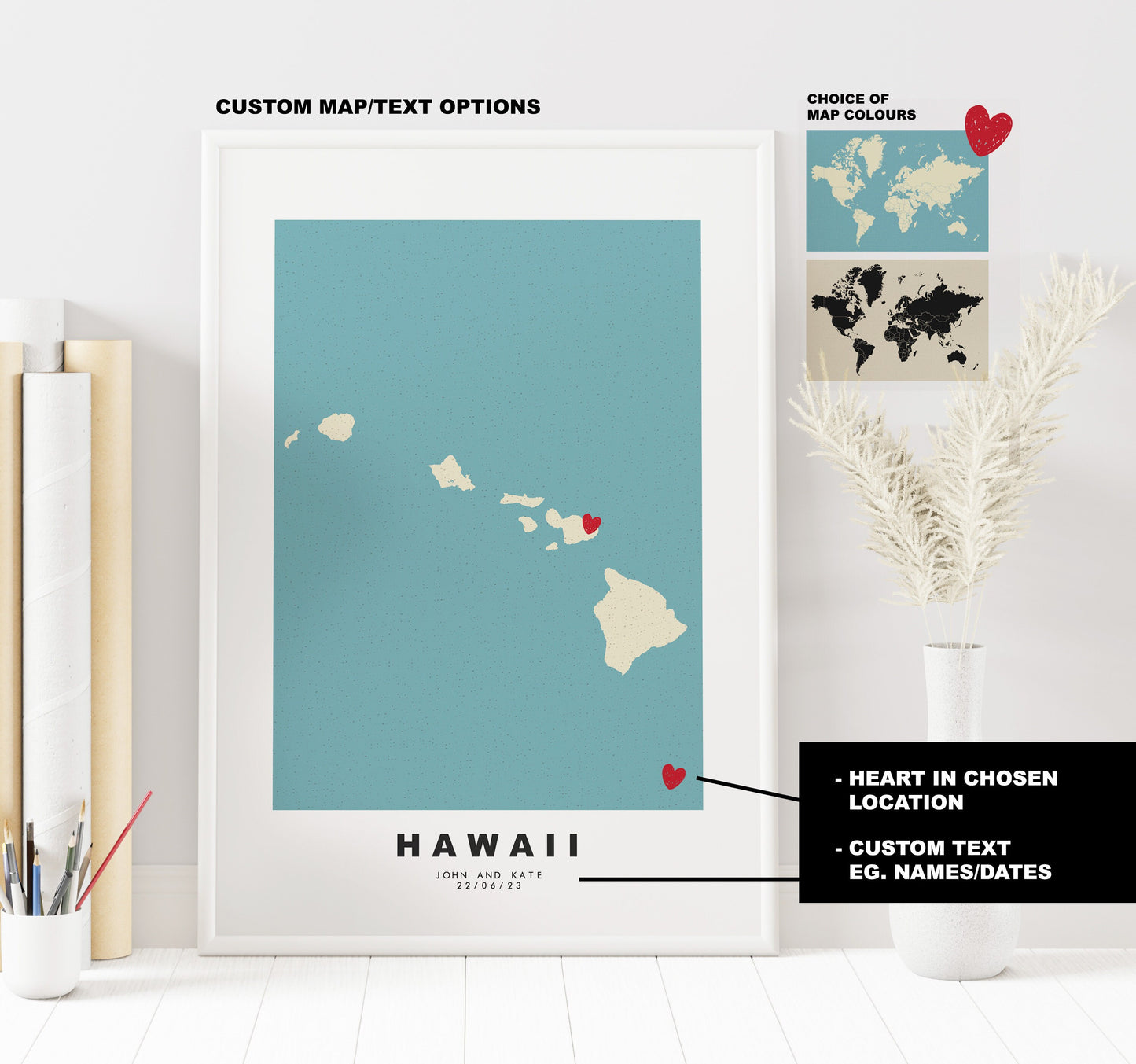 Hawaii Map Print - Personalised Map Gift - Framed or Canvas Options Available - Custom Text Options - Personalised Gift - US States & Islands