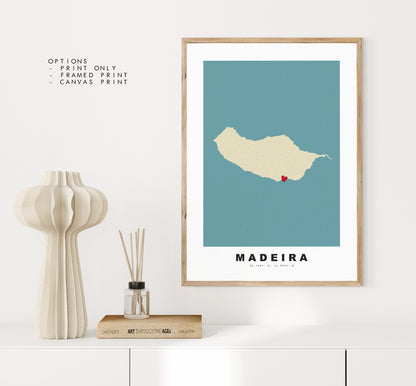 Madeira Map Print - Personalised Map Gift - Framed or Canvas Options Available - Custom Text Options - Personalised Gift - Portugal & Islands