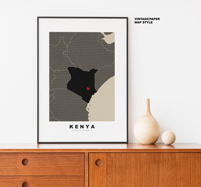 Kenya Map Print - Personalised Map Gift - Framed or Canvas Options Available - Custom Text Options - Personalised Gift - Africa