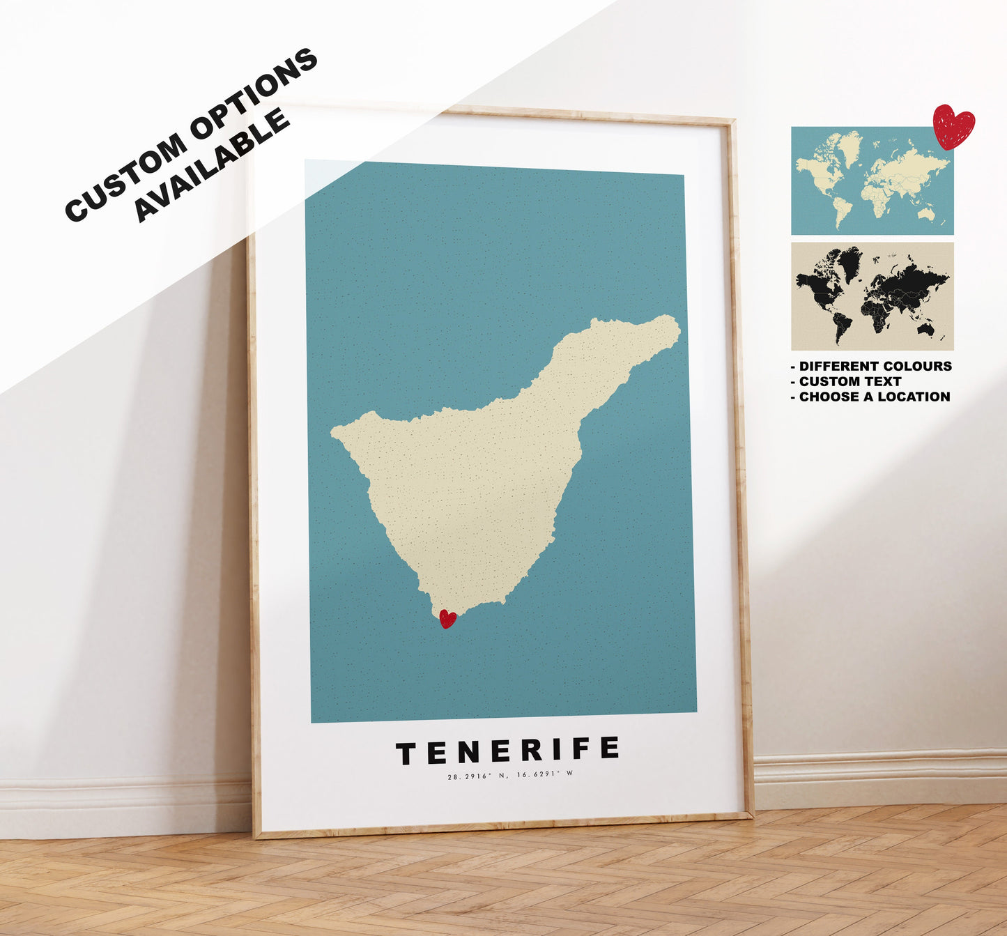 Tenerife Map Print - Personalised Map Gift - Framed or Canvas Options Available - Custom Text Options - Personalised Gift - Spain & Islands