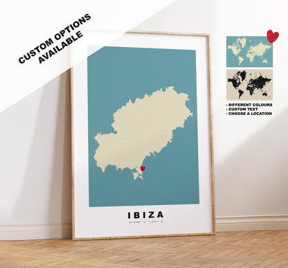 Ibiza Map Print - Personalised Map Gift - Framed or Canvas Options Available - Custom Text Options - Personalised Gift - Spain & Islands