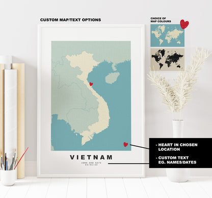 Vietnam Map Print - Personalised Map Gift - Framed or Canvas Options Available - Custom Text Options - Personalised Gift - Asia