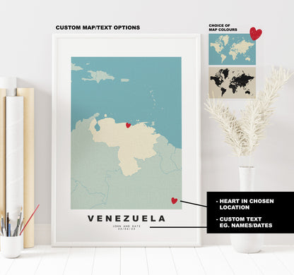 Venezuela Map Print - Personalised Map Gift - Framed or Canvas Options Available - Custom Text Options - Personalised Gift - South America