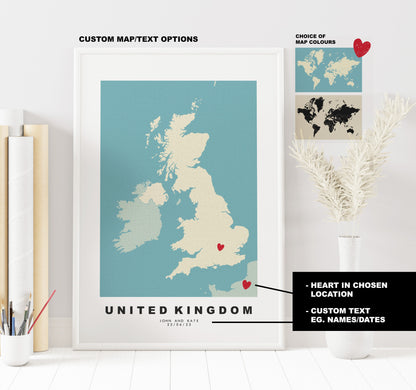 UK Map Print - Personalised Map Gift - Framed or Canvas Options Available - Custom Text Options - Personalised Gift - UK and Counties