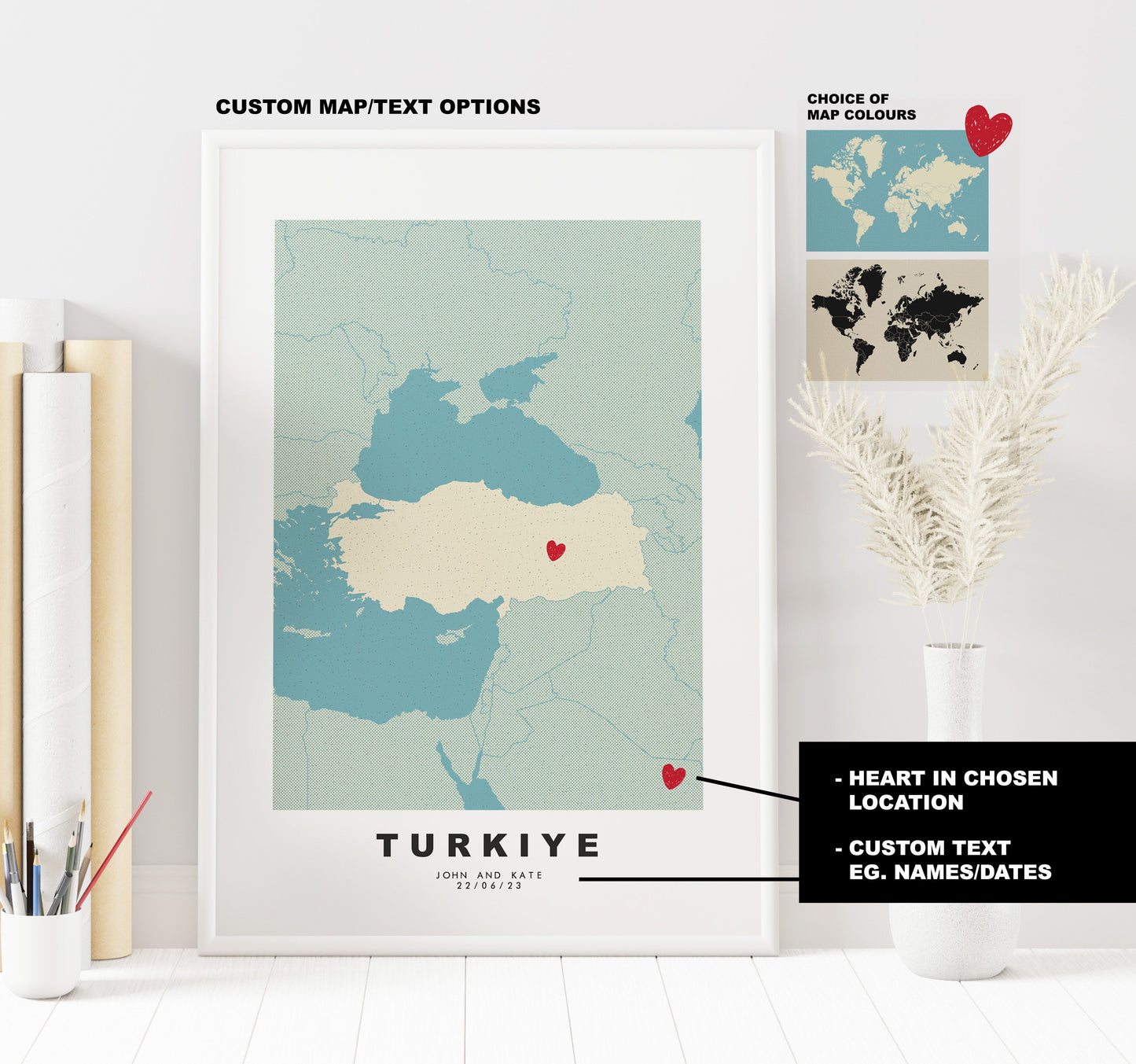 Turkey Map Print - Personalised Map Gift - Framed or Canvas Options Available - Custom Text Options - Personalised Gift - Europe