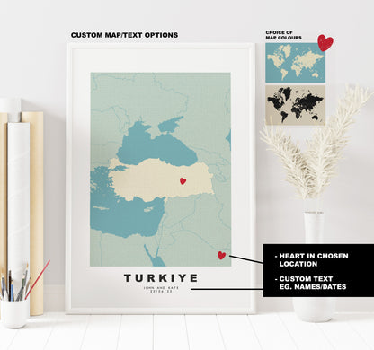 Turkey Map Print - Personalised Map Gift - Framed or Canvas Options Available - Custom Text Options - Personalised Gift - Europe