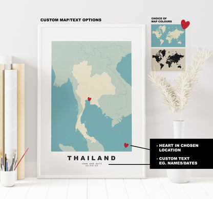 Thailand Map Print - Personalised Map Gift - Framed or Canvas Options Available - Custom Text Options - Personalised Gift - Asia