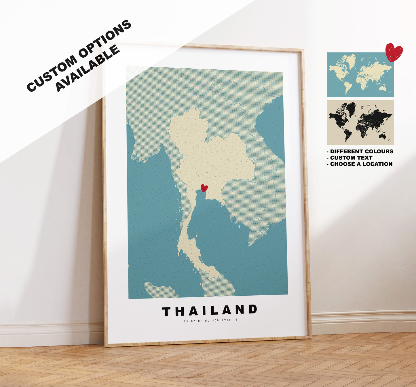 Thailand Map Print - Personalised Map Gift - Framed or Canvas Options Available - Custom Text Options - Personalised Gift - Asia