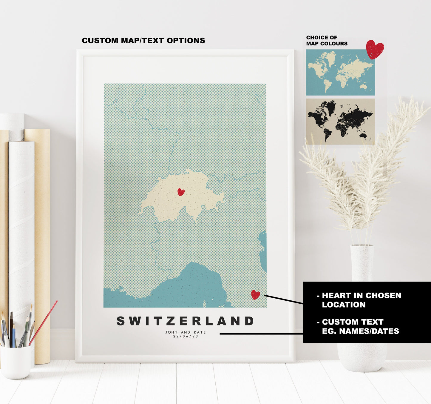 Switzerland Map Print - Personalised Map Gift - Framed or Canvas Options Available - Custom Text Options - Personalised Gift - Europe