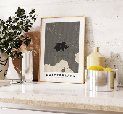 Switzerland Map Print - Personalised Map Gift - Framed or Canvas Options Available - Custom Text Options - Personalised Gift - Europe