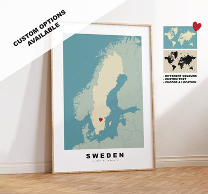 Sweden Map Print - Personalised Map Gift - Framed or Canvas Options Available - Custom Text Options - Personalised Gift - Europe