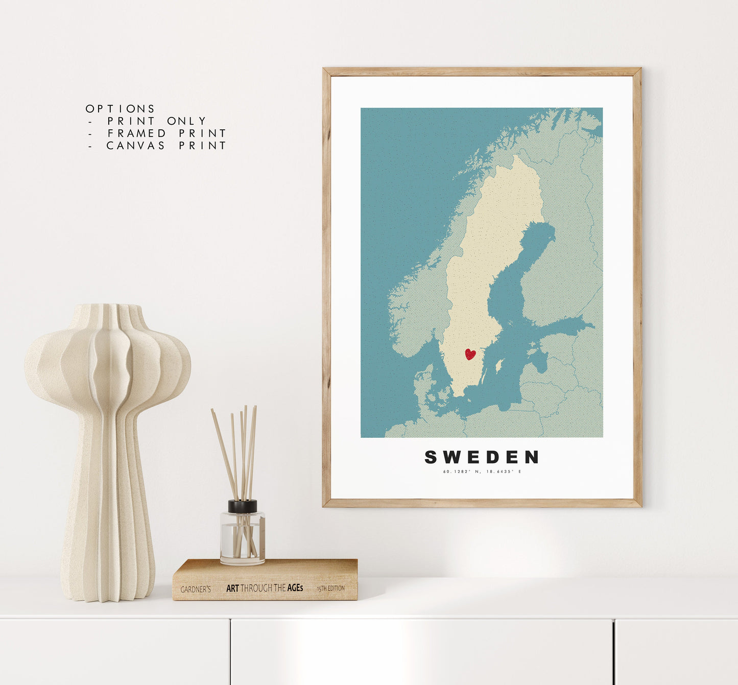 Sweden Map Print - Personalised Map Gift - Framed or Canvas Options Available - Custom Text Options - Personalised Gift - Europe