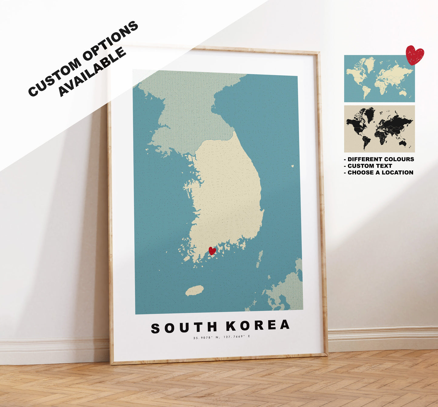 South Korea Map Print - Personalised Map Gift - Framed or Canvas Options Available - Custom Text Options - Personalised Gift - Asia