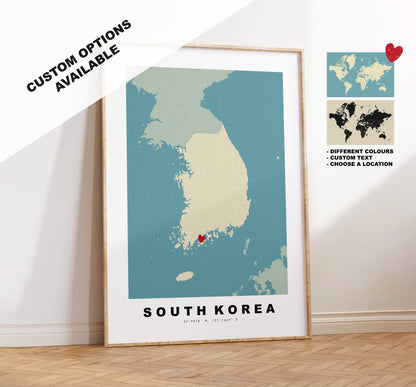 South Korea Map Print - Personalised Map Gift - Framed or Canvas Options Available - Custom Text Options - Personalised Gift - Asia