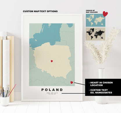 Poland Map Print - Personalised Map Gift - Framed or Canvas Options Available - Custom Text Options - Personalised Gift - Europe