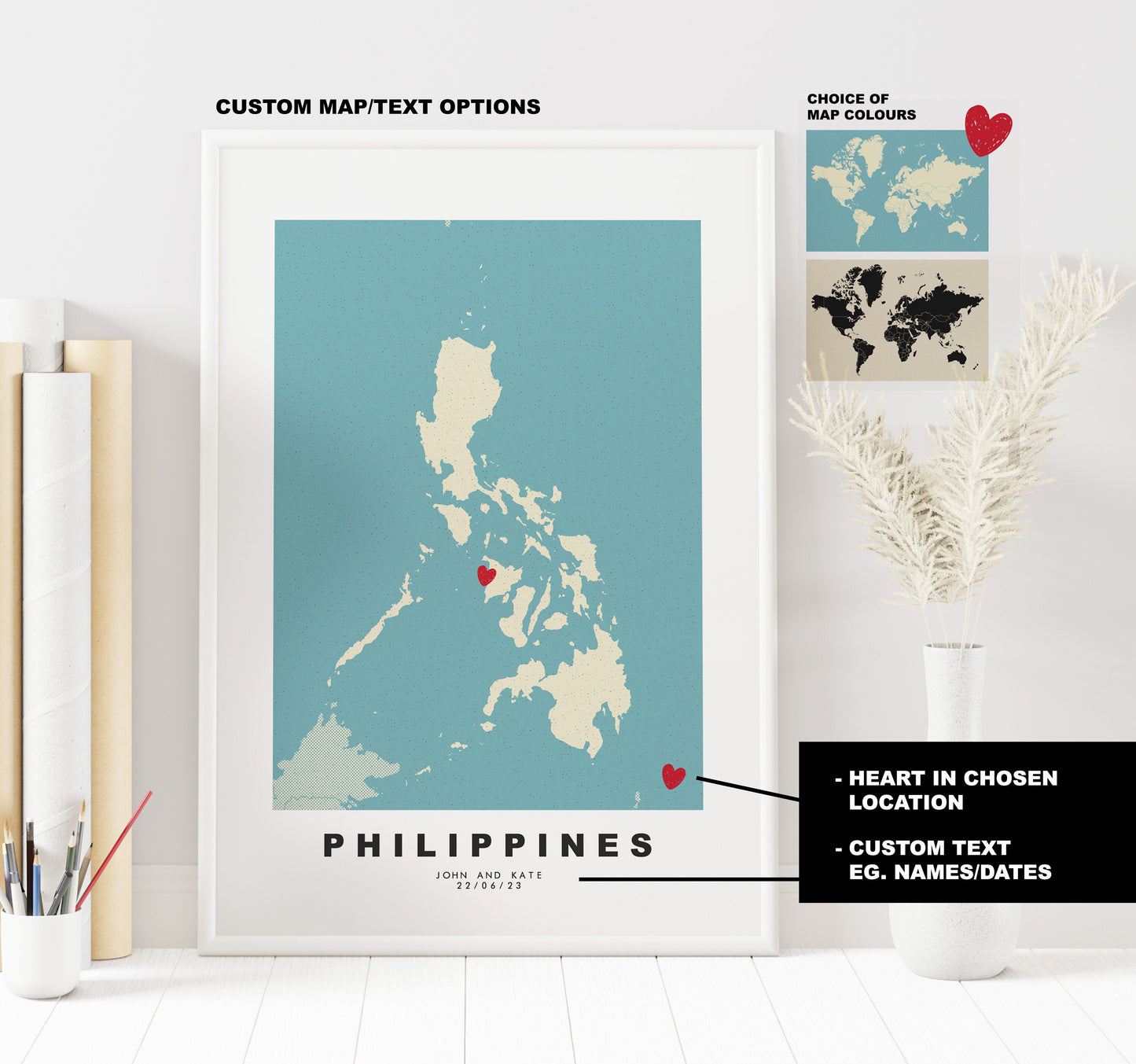 Philippines Map Print - Personalised Map Gift - Framed or Canvas Options Available - Custom Text Options - Personalised Gift - Asia