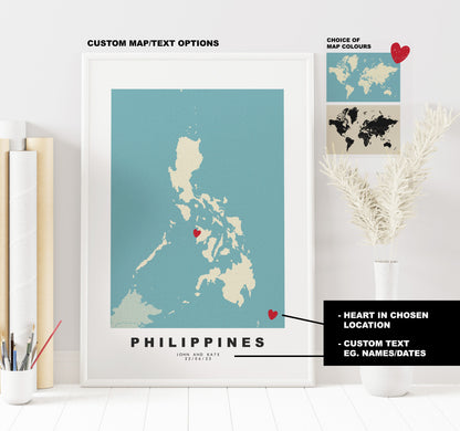 Philippines Map Print - Personalised Map Gift - Framed or Canvas Options Available - Custom Text Options - Personalised Gift - Asia