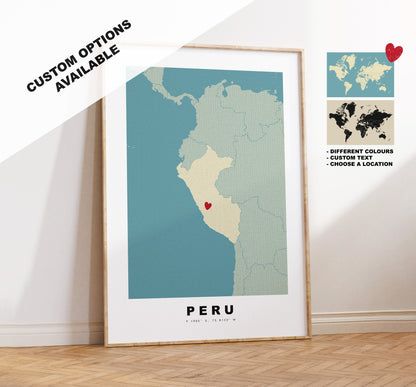 Peru Map Print - Personalised Map Gift - Framed or Canvas Options Available - Custom Text Options - Personalised Gift - South America