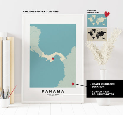 Panama Map Print - Personalised Map Gift - Framed or Canvas Options Available - Custom Text Options - Personalised Gift - South America