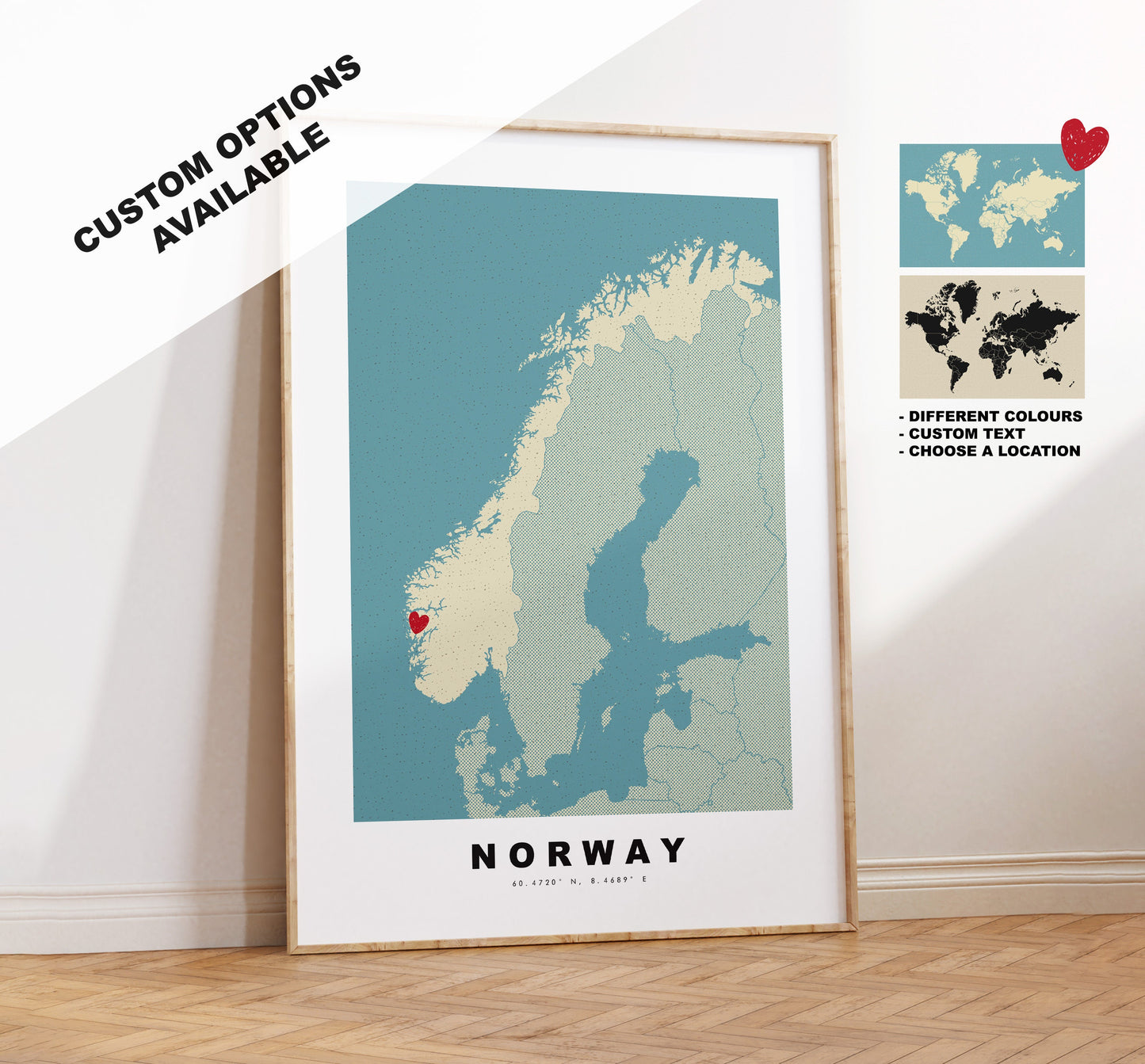 Norway Map Print - Personalised Map Gift - Framed or Canvas Options Available - Custom Text Options - Personalised Gift - Europe