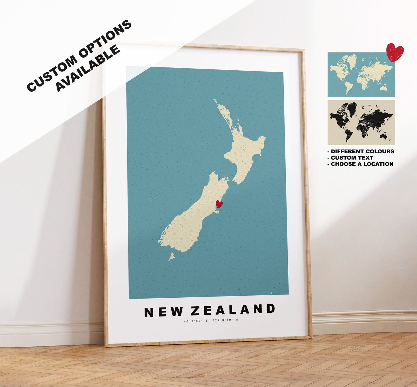 New Zealand Map Print - Personalised Map Gift - Framed or Canvas Options Available - Custom Text Options - Personalised Gift - Oceania