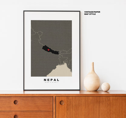 Nepal Map Print - Personalised Map Gift - Framed or Canvas Options Available - Custom Text Options - Personalised Gift - Asia