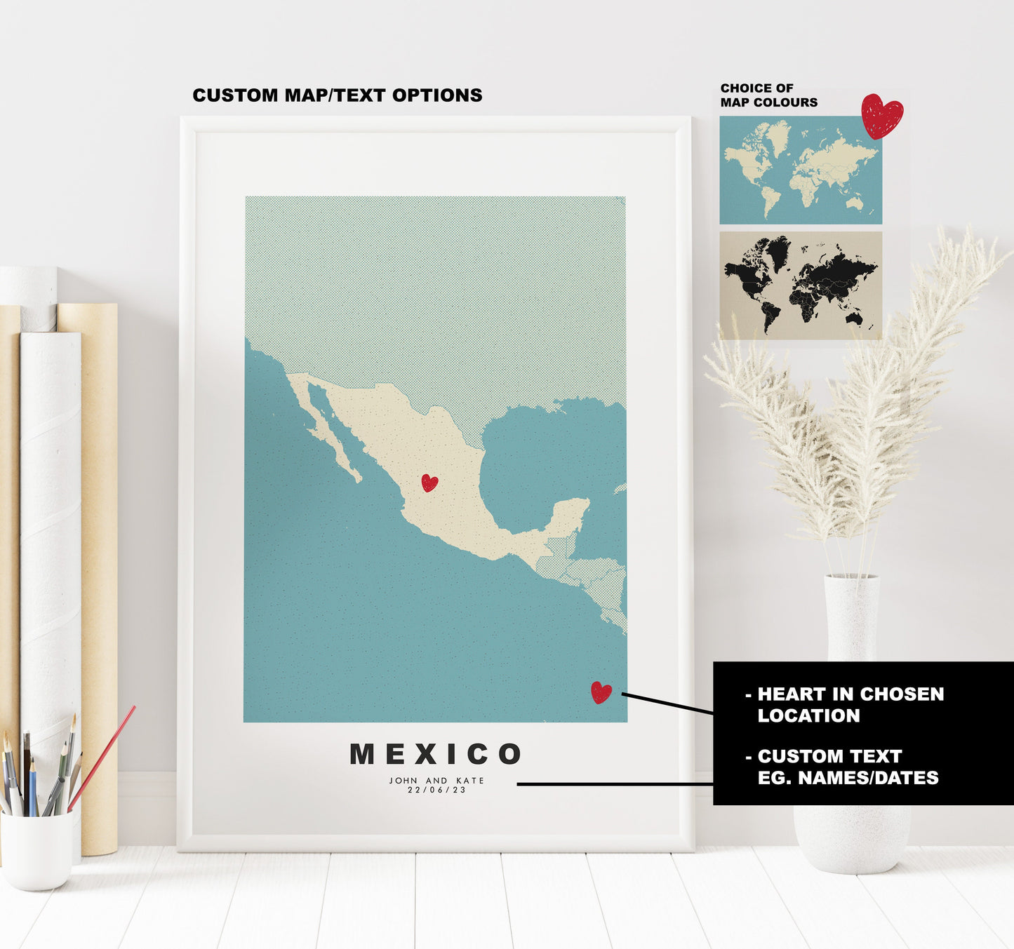 Mexico Map Print - Personalised Map Gift - Framed or Canvas Options Available - Custom Text Options - Personalised Gift - North America