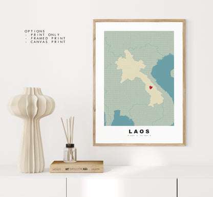 Laos Map Print - Personalised Map Gift - Framed or Canvas Options Available - Custom Text Options - Personalised Gift - Asia