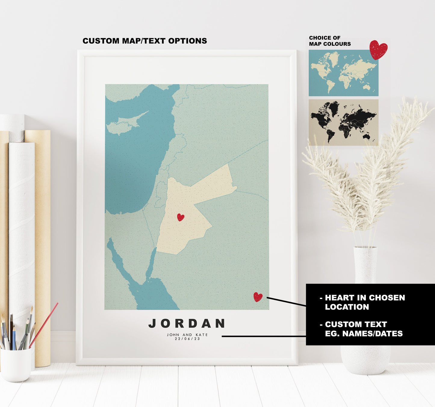 Jordan Map Print - Personalised Map Gift - Framed or Canvas Options Available - Custom Text Options - Personalised Gift - Middle East