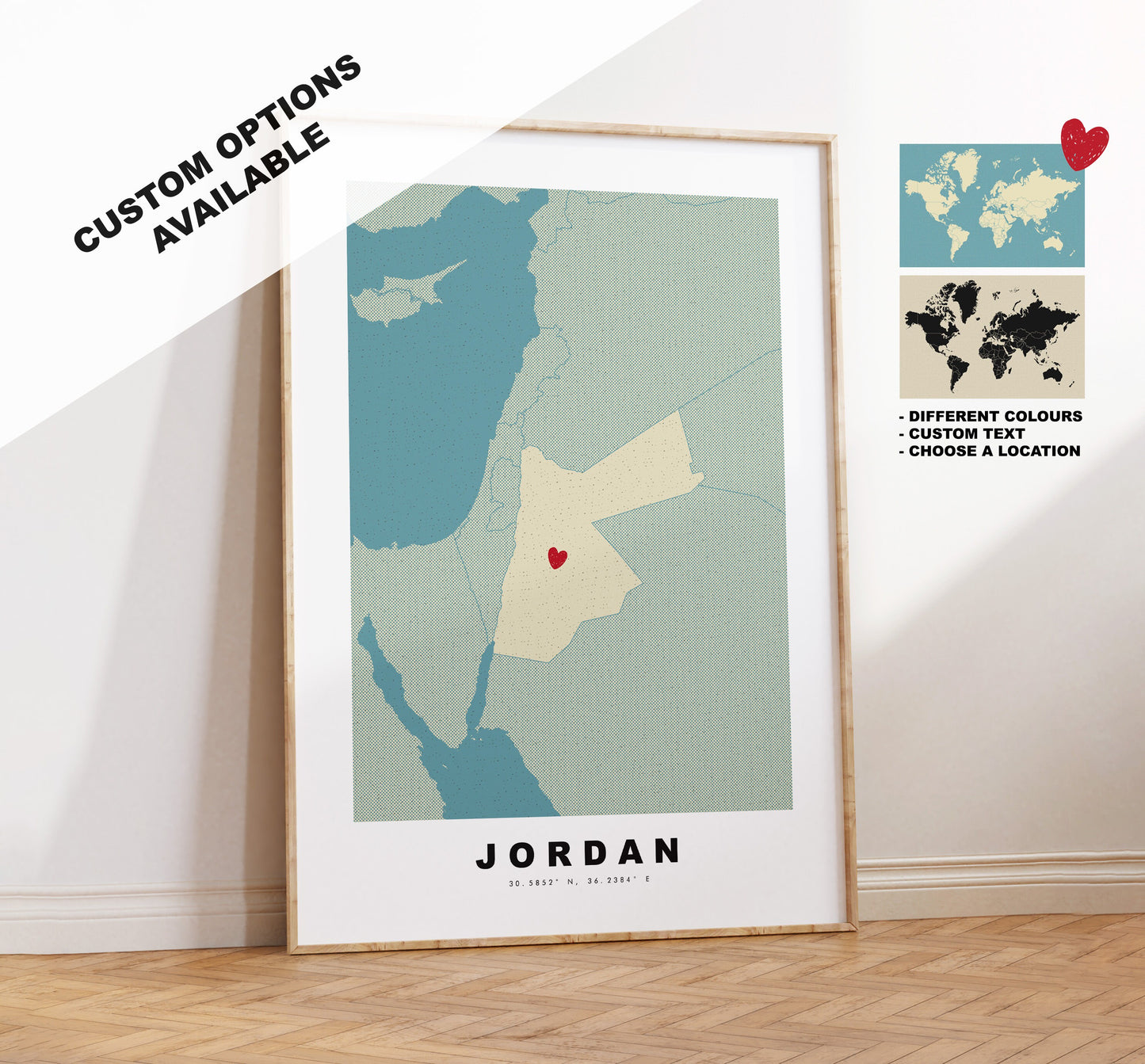 Jordan Map Print - Personalised Map Gift - Framed or Canvas Options Available - Custom Text Options - Personalised Gift - Middle East