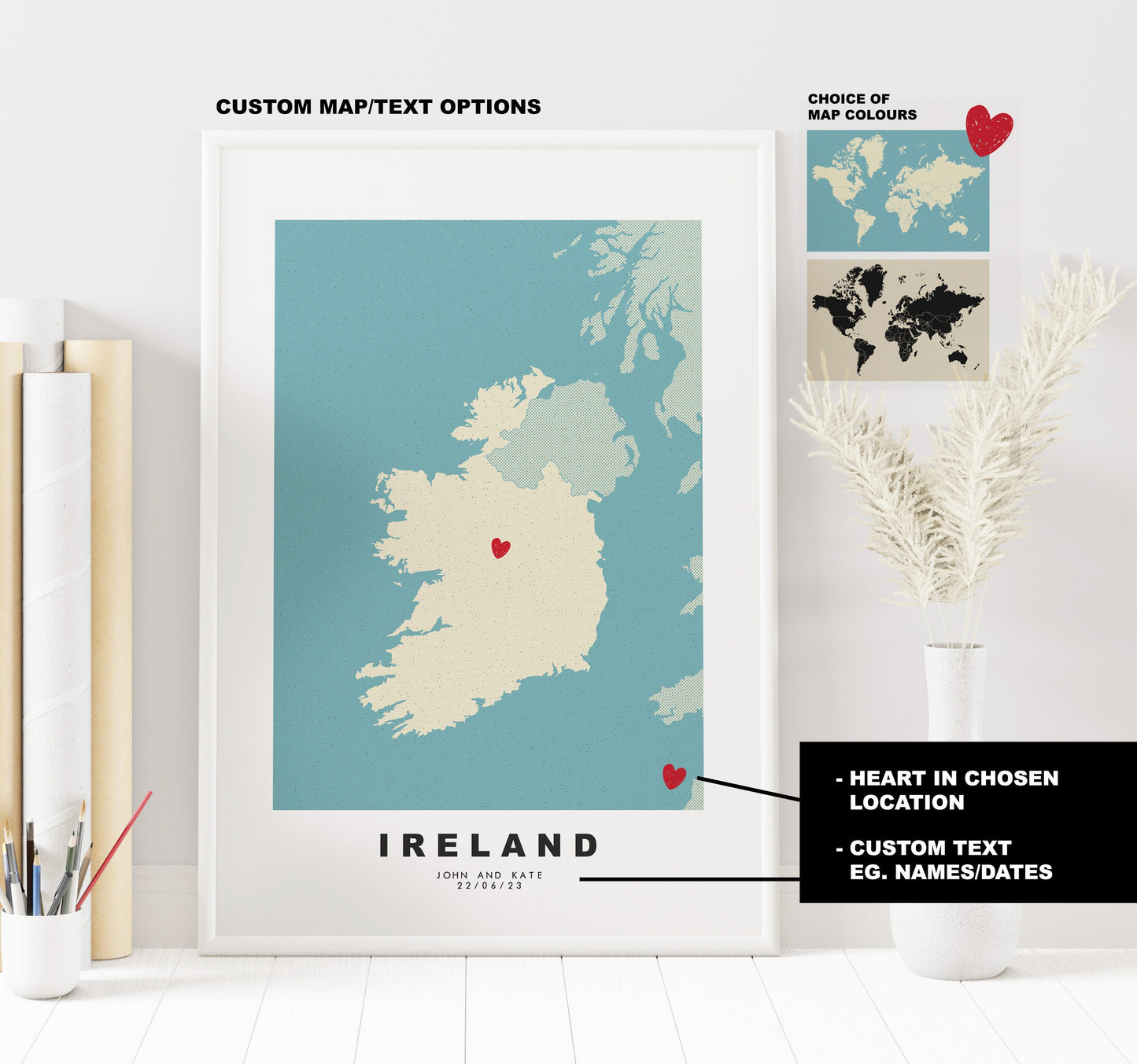 Ireland Map Print - Personalised Map Gift - Framed or Canvas Options Available - Custom Text Options - Personalised Gift - Europe