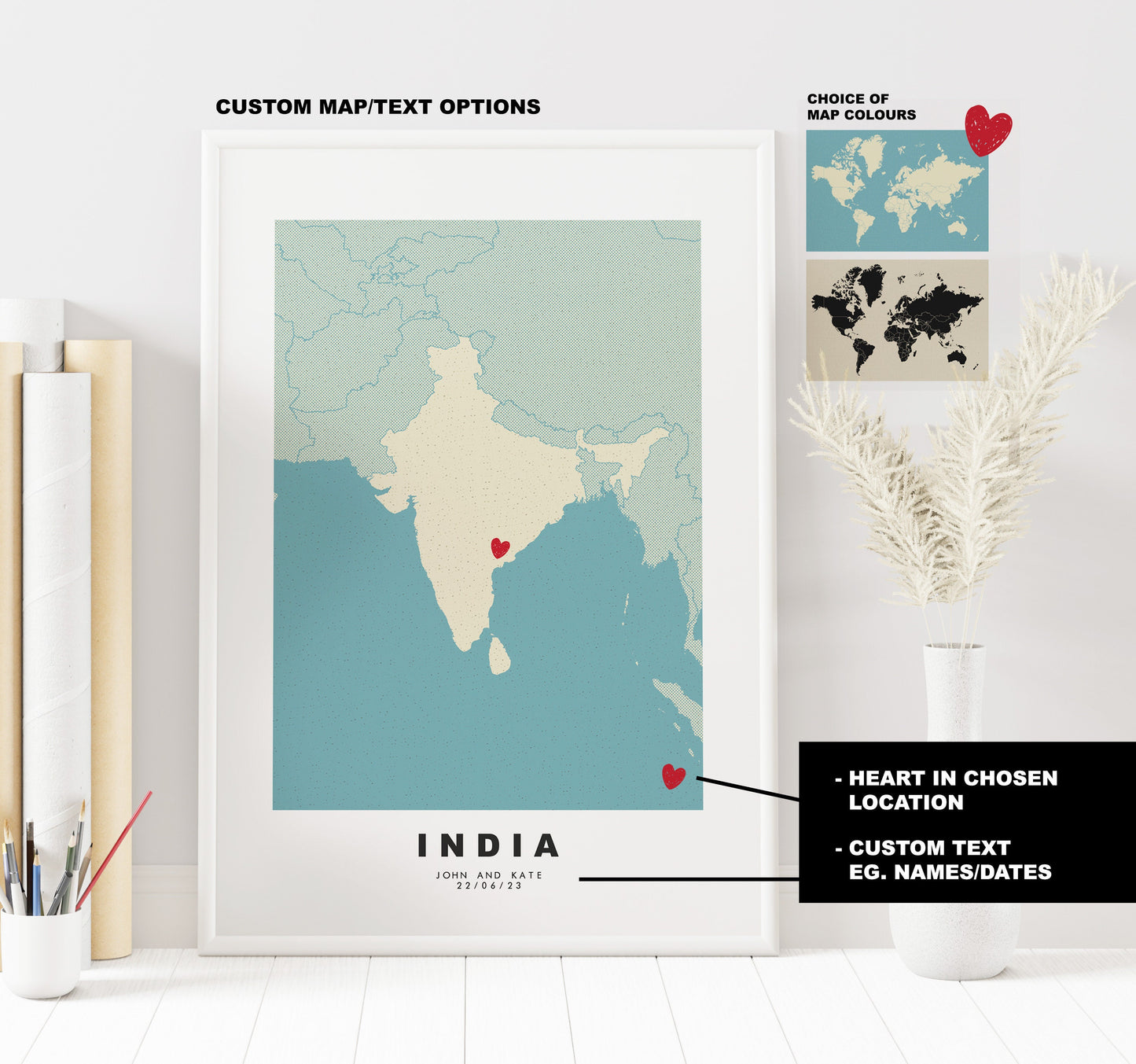 India Map Print - Personalised Map Gift - Framed or Canvas Options Available - Custom Text Options - Personalised Gift - Asia