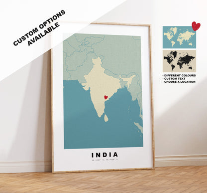 India Map Print - Personalised Map Gift - Framed or Canvas Options Available - Custom Text Options - Personalised Gift - Asia