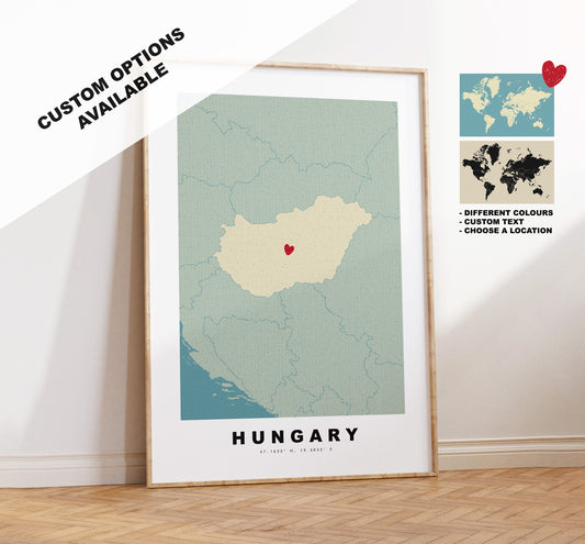 Hungary Map Print - Personalised Map Gift - Framed or Canvas Options Available - Custom Text Options - Personalised Gift - Europe